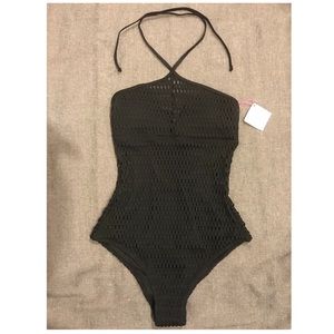 NWT Black Mesh Halter Top One Piece Swimsuit